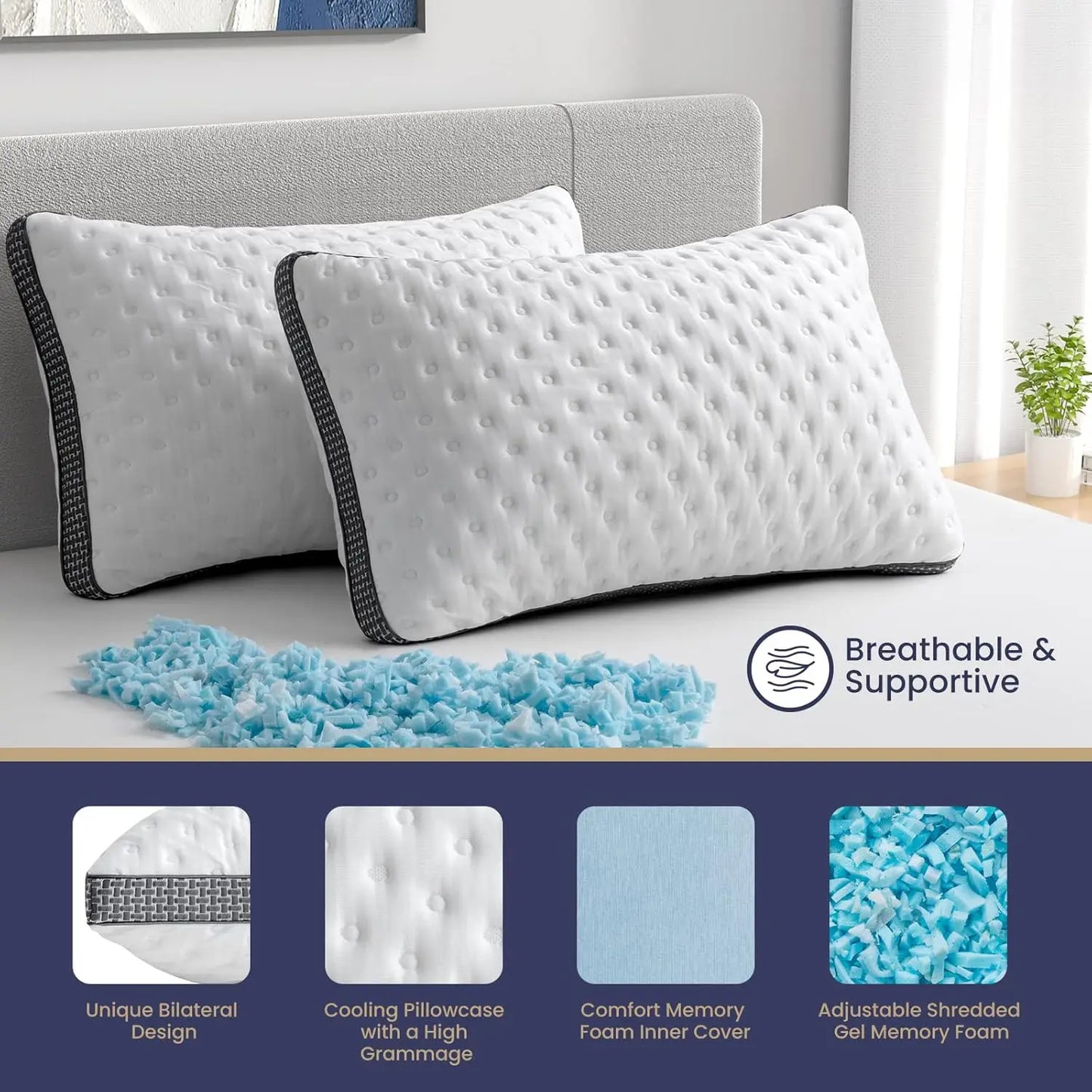 BedStory Cooling Pillows Queen Size Set of 2, Gel Memory Foam Pillows, Medium Firm Pillows for Sleeping, CertiPUR-US Certified