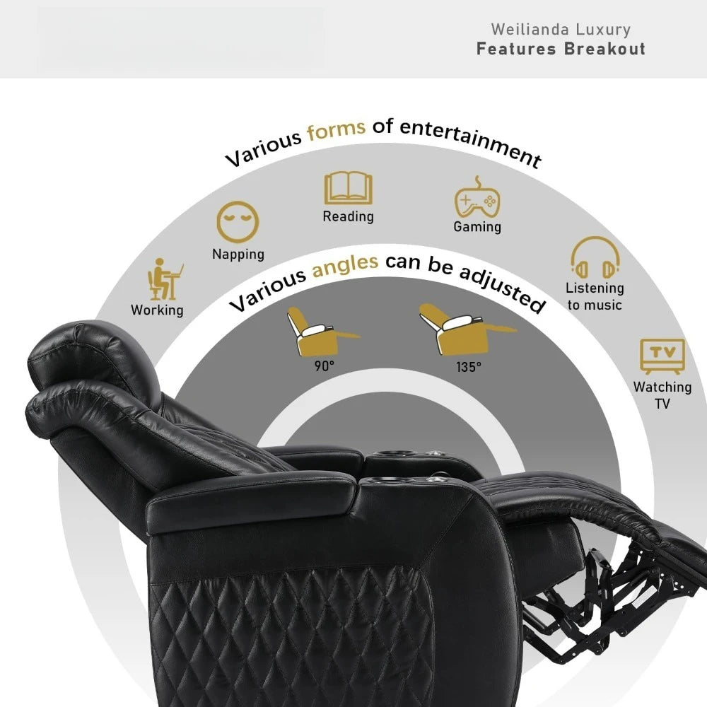 Home Theater Seating Top Grain Leather Recliner Chair,with Tray Table Type-C USB Charge Cup Holders Row of 1 Black