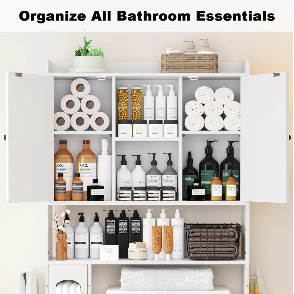 32W Over The Toilet Storage Cabinet with Metal Frame and 7 Storage Shelves, Bathroom Organizer with Adjustable Shelves and Paper
