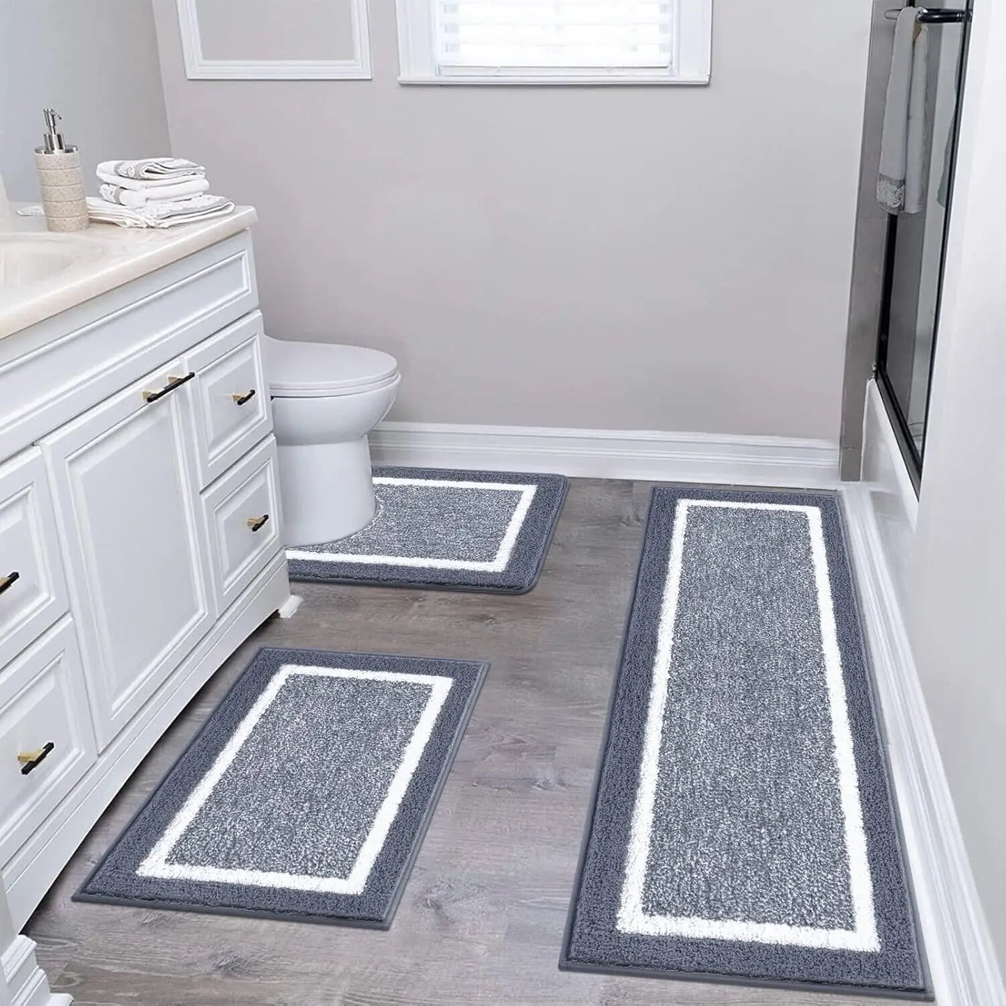 3-Piece Microfiber Shaggy Bath Mat Set, Non-Slip Ultra Soft Absorbent Carpet for Bathroom Tub Shower, Dark Grey