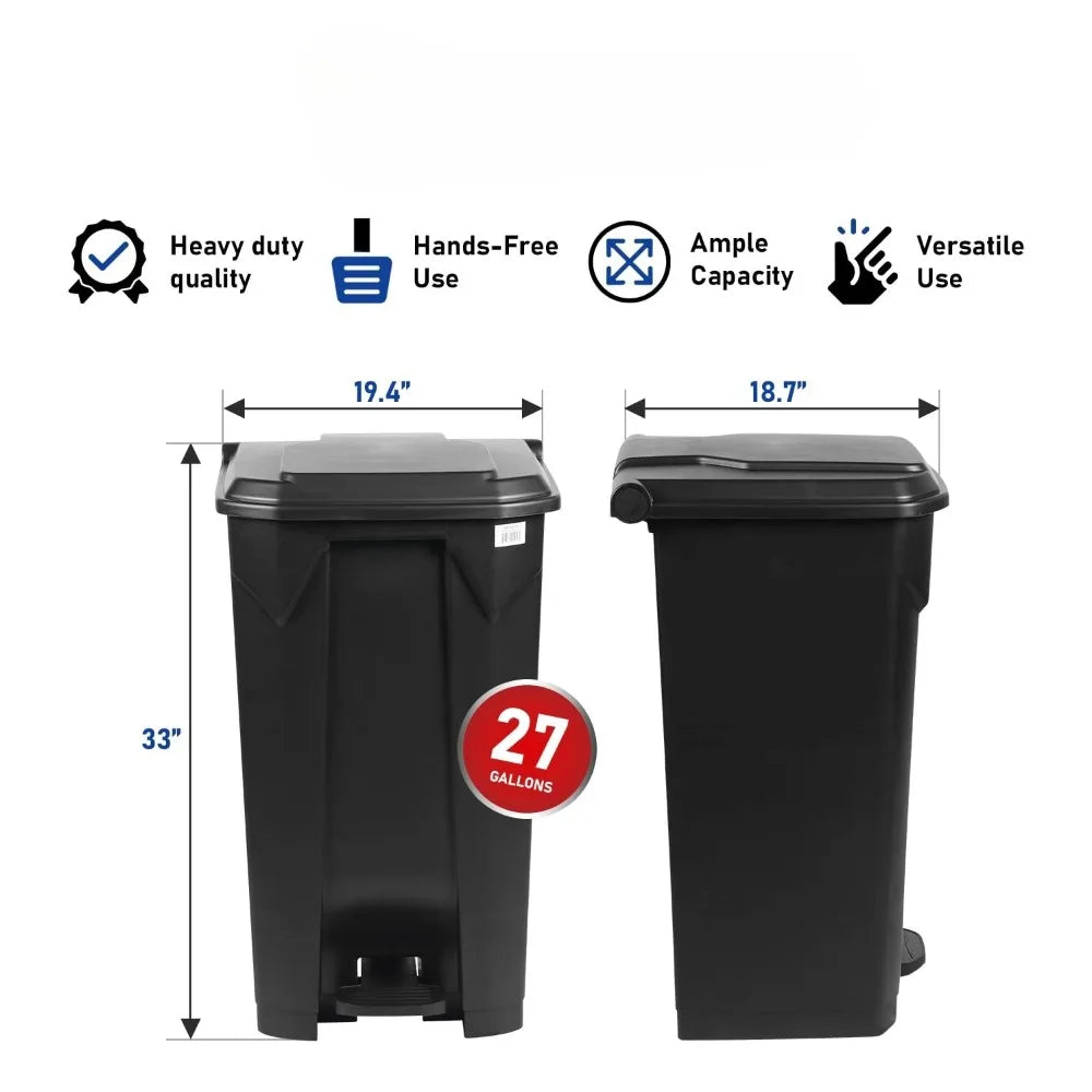 27 Gallon Step-On Trash Can/Container, Black Plastic Dustbin with Lid and Foot Pedal, Hands-Free Disposal