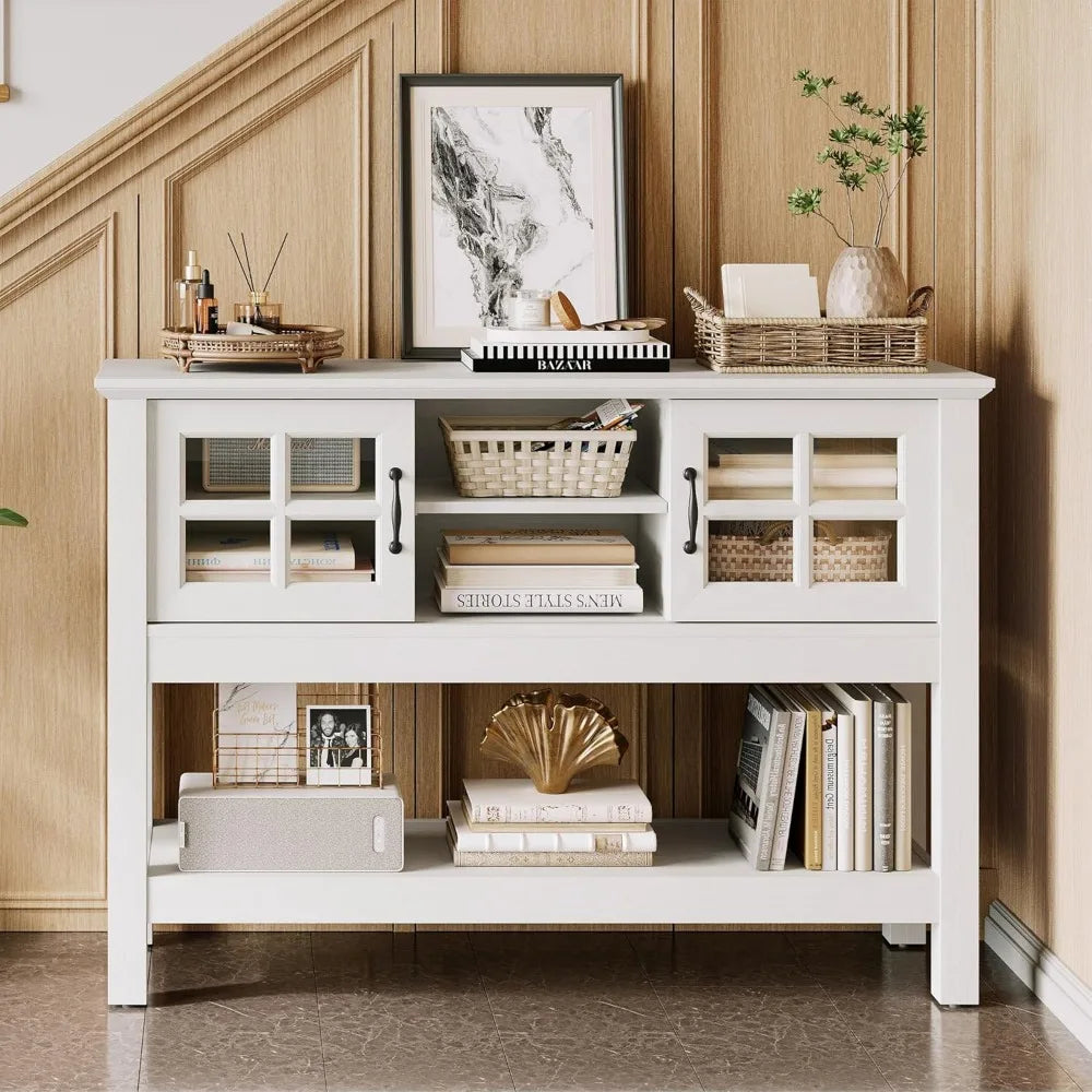 46“ Console Table with Sliding Glass Doors, Coffee Bar, Modern Entryway Table with Storage Shelf, Sofa Table Behind Couch, Buff