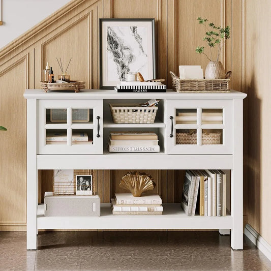 46“ Console Table with Sliding Glass Doors, Coffee Bar, Modern Entryway Table with Storage Shelf, Sofa Table Behind Couch, Buff