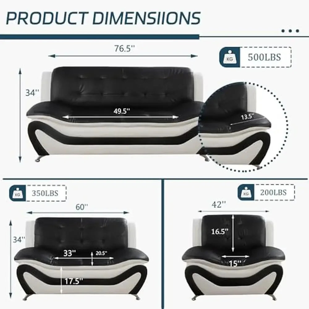 Contemporary Vegan Leather Sofa Living Room Furniture Set 3 PCS Black/White Ergonomic Design Breathable Faux Leather Upholstery