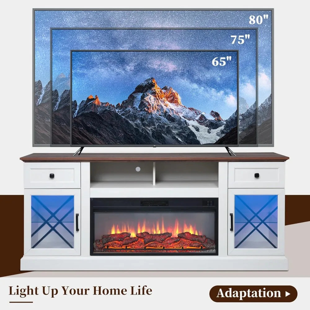 70" Fireplace TV Stand for TVs Up to 80" with 34" Electric Fireplace, Modern Entertainment Center with LED Lights and Glass Door