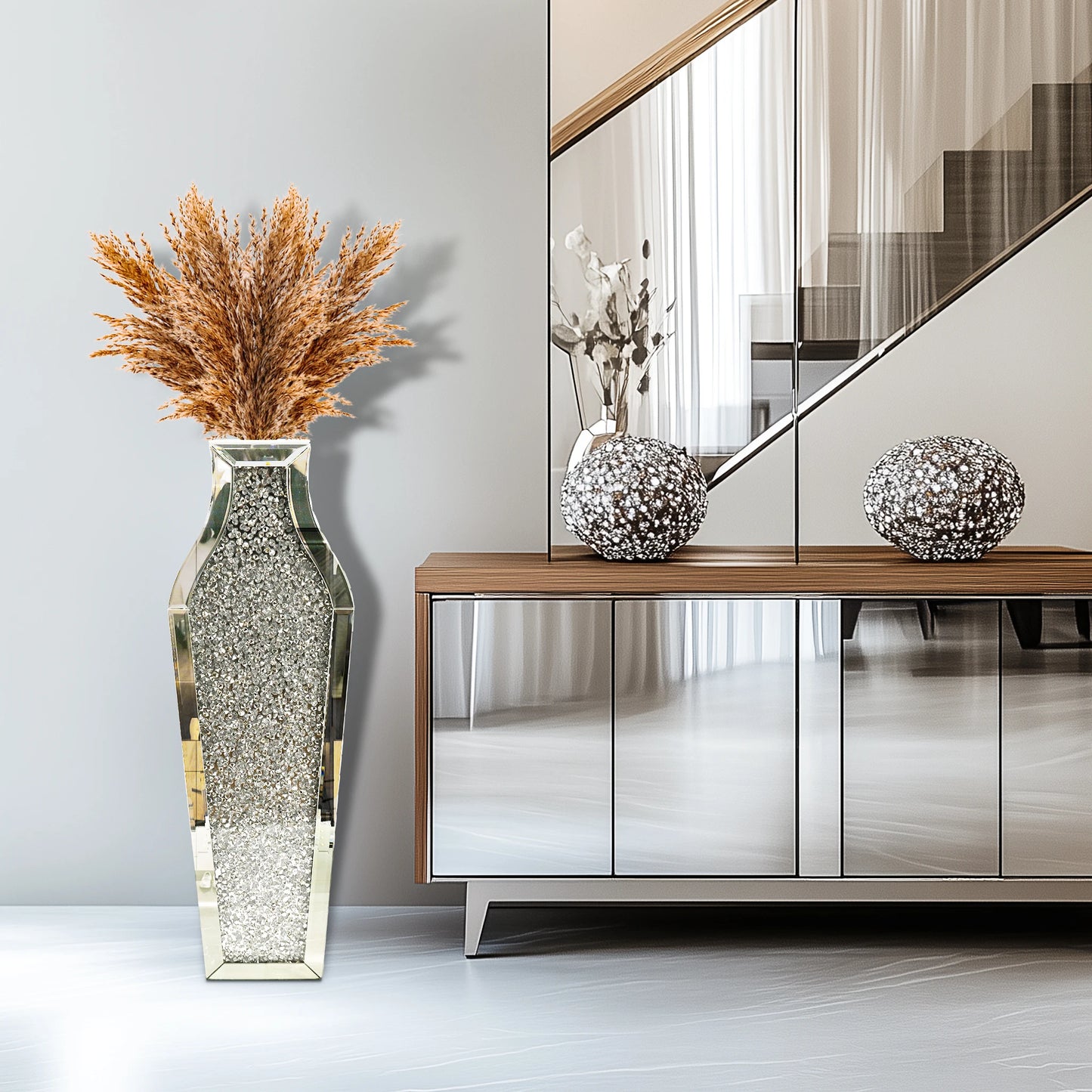 27" Tall Crushed Diamond Floor Vase, Silver Large Vases for Decor Living Room Crystal Mirrored Home Decor Vases for Dried Flower