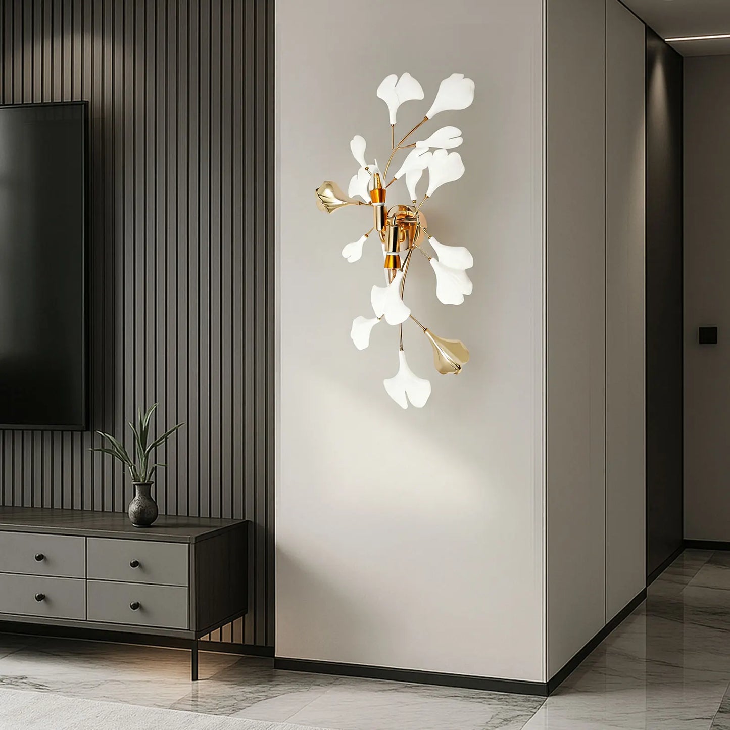 Ginkgo Leaf Wall Lamp 2-Light, Modern Gold Indoor Lighting Fixture E12 Base for Bedroom Living Room Hallway