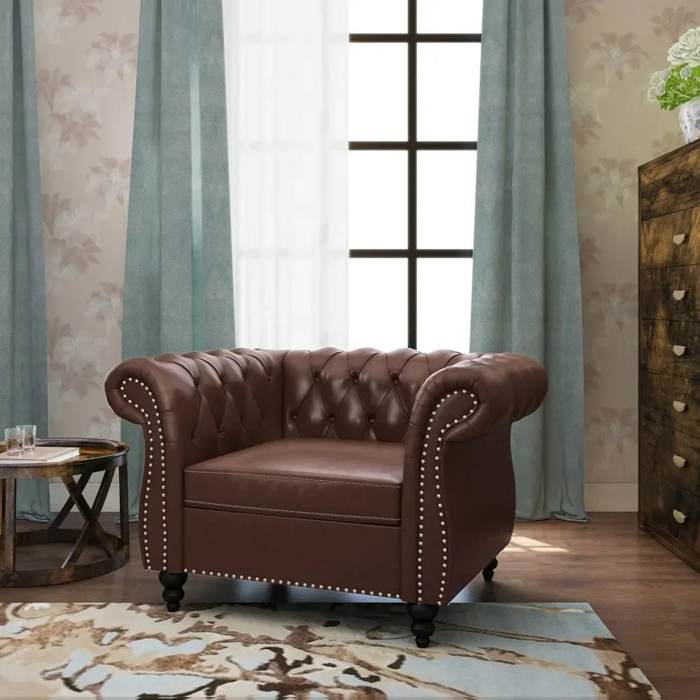 chesterfield style leather sofa and loveseat set with scroll arms and nailhead trim for living room or office