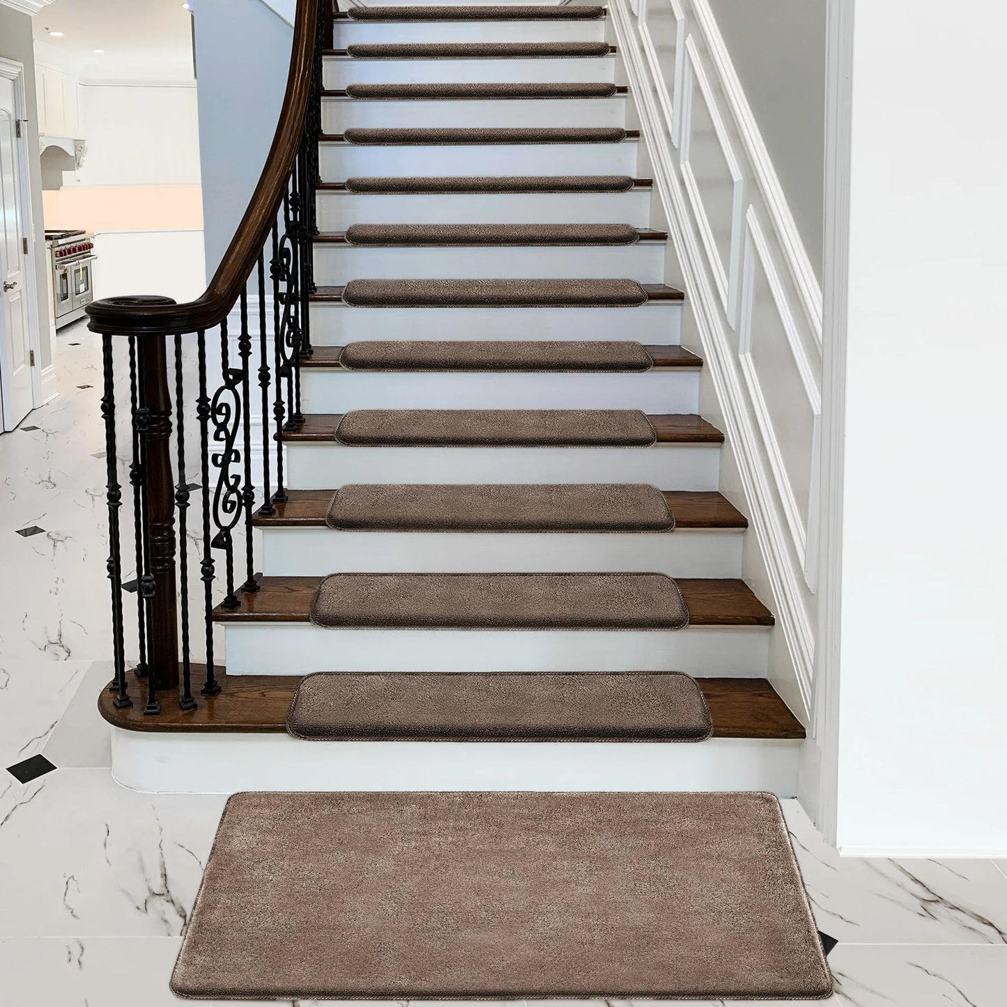 Bullnose Non-Slip Stair Treads -Ultra Plush- Washable Self-Adhesive Carpet Mats, Safety for Elderly & Pets, Peel & Stick Decor