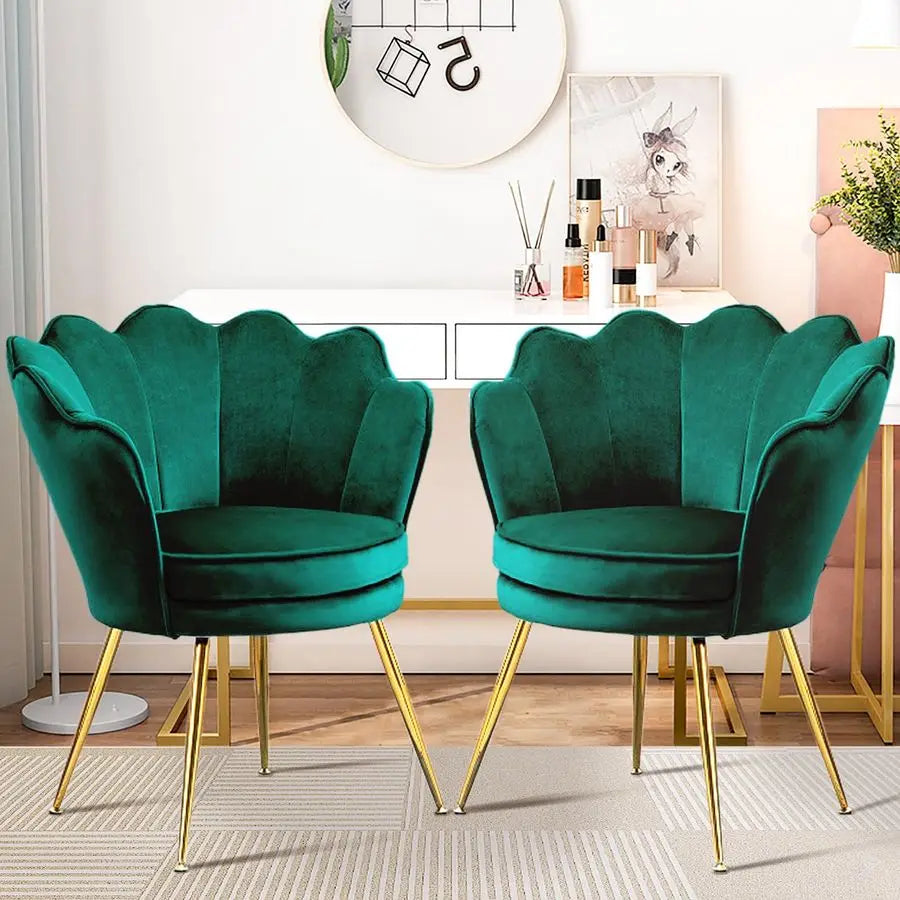 Chairs Set of 2, Velvet Vanity Chair with Back, MidCentury Modern Small Accent Chair for Living Room, Golden Metal Legs Upholste