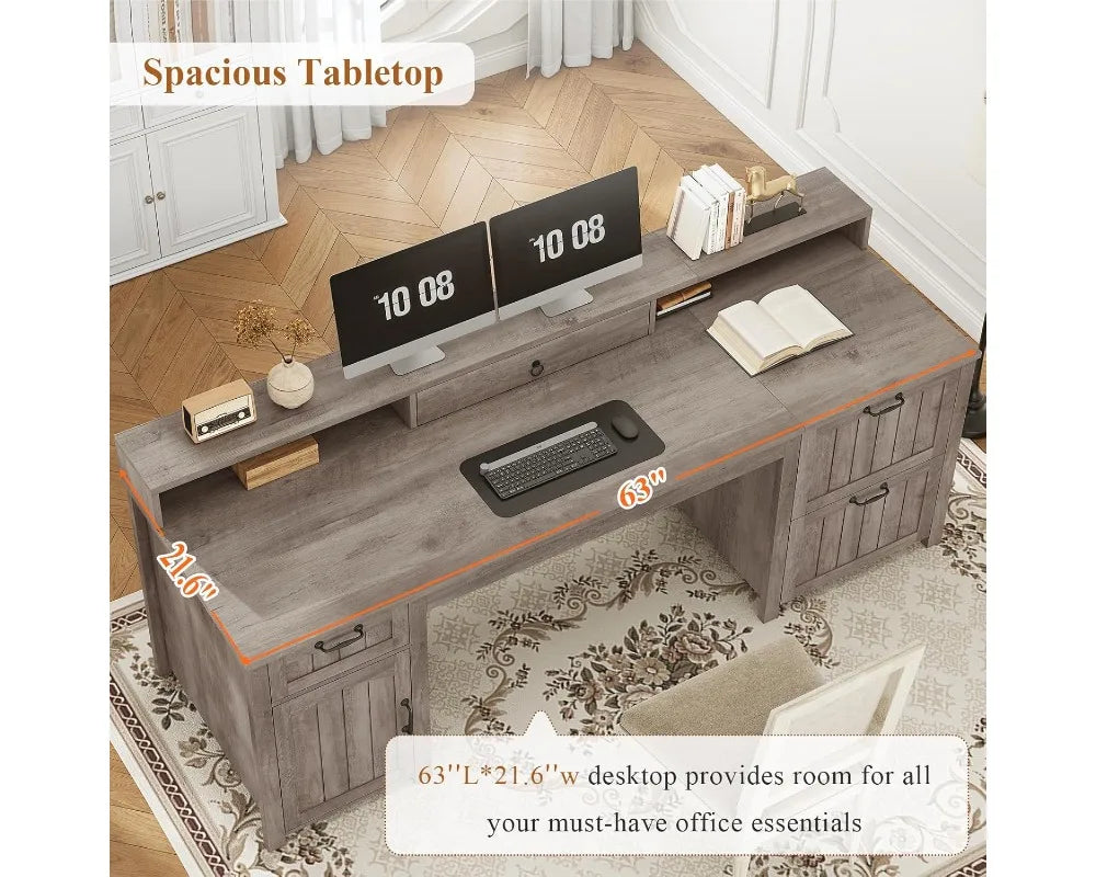 Grey 63" Farmhouse Wood Desk with Drawers, Storage Cabinet & Monitor Stand