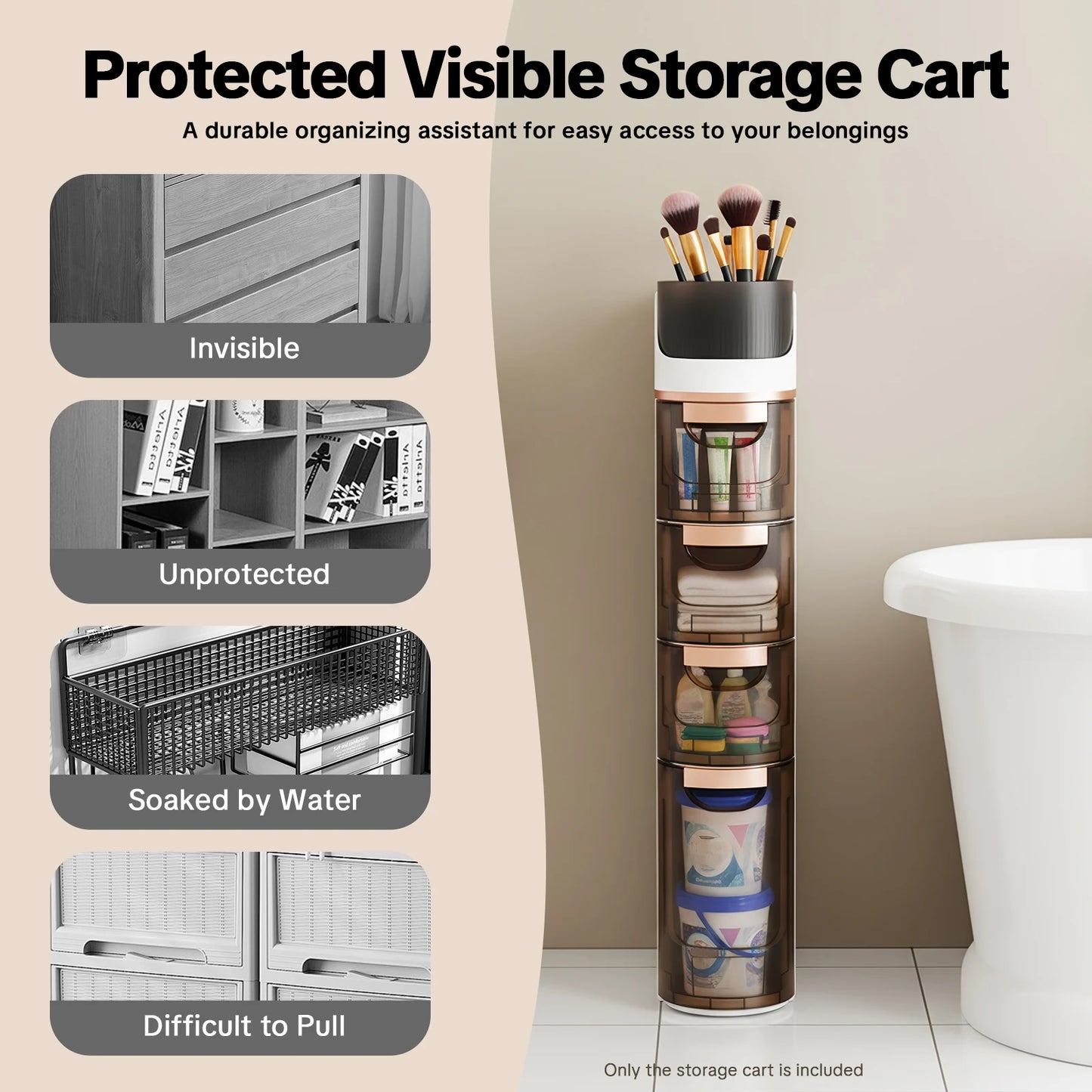 4-Drawer Slim Bathroom Storage Cart Mobile Freestanding PP Organizer White Tawny for Home Office Dorm