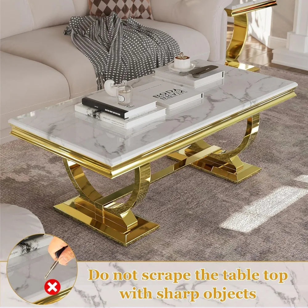 Gold Coffee Table, White and Gold Rectangle Living Room Tea Table, for Living Room, Elegant Coffee Table