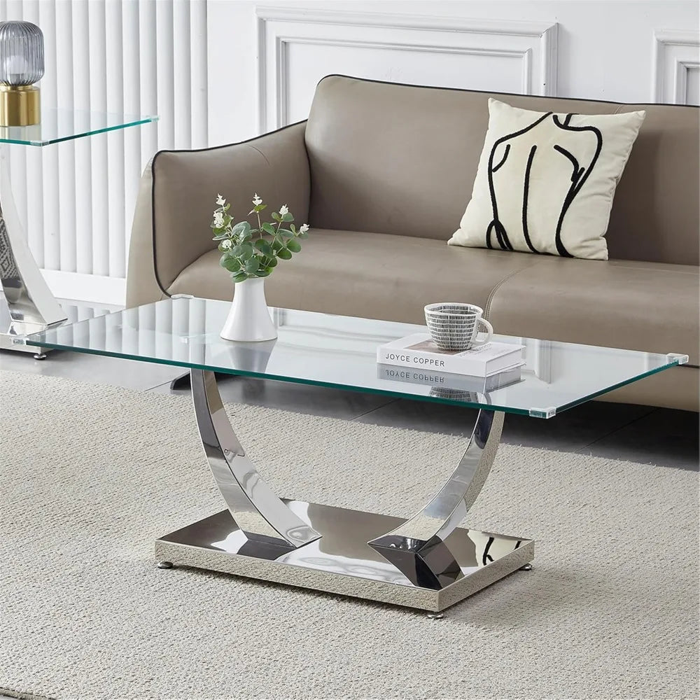 47" Clear Glass Coffee Table, Modern Silver Mirror Coffee Table with U-Shape Stainless Steel Legs, Tea Table, Luxury Rectangle C