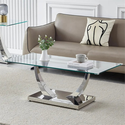 47" Clear Glass Coffee Table, Modern Silver Mirror Coffee Table with U-Shape Stainless Steel Legs, Tea Table, Luxury Rectangle C