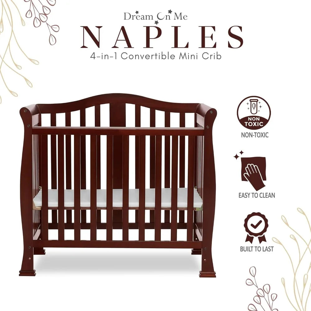 4-in-1 Convertible Mini Crib with Mattress Pad, Pinewood Baby Bed, Non-Toxic Finish, Espresso