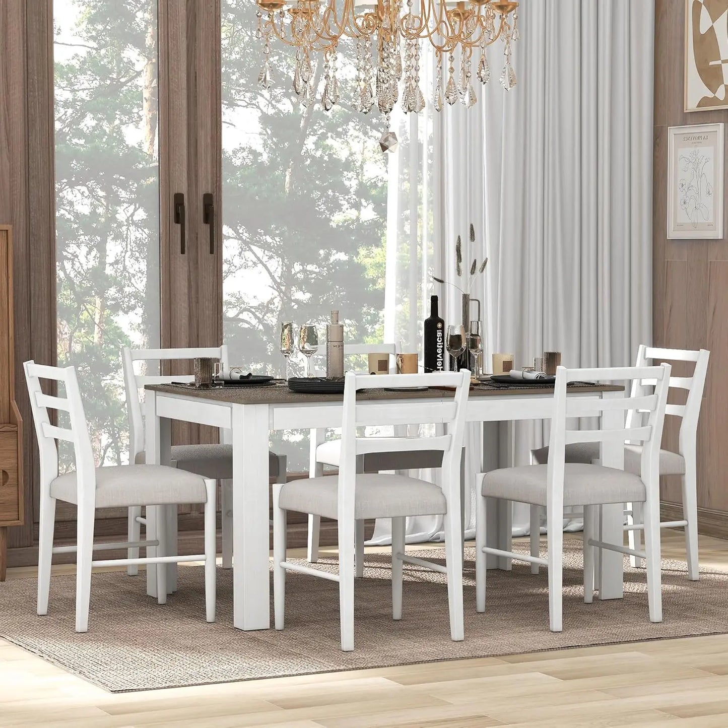 Solid Wood 7 Piece Kitchen Table Set with Chairs Farmhouse Extendable Dining Room Table Set with Storage Drawer for, Customized