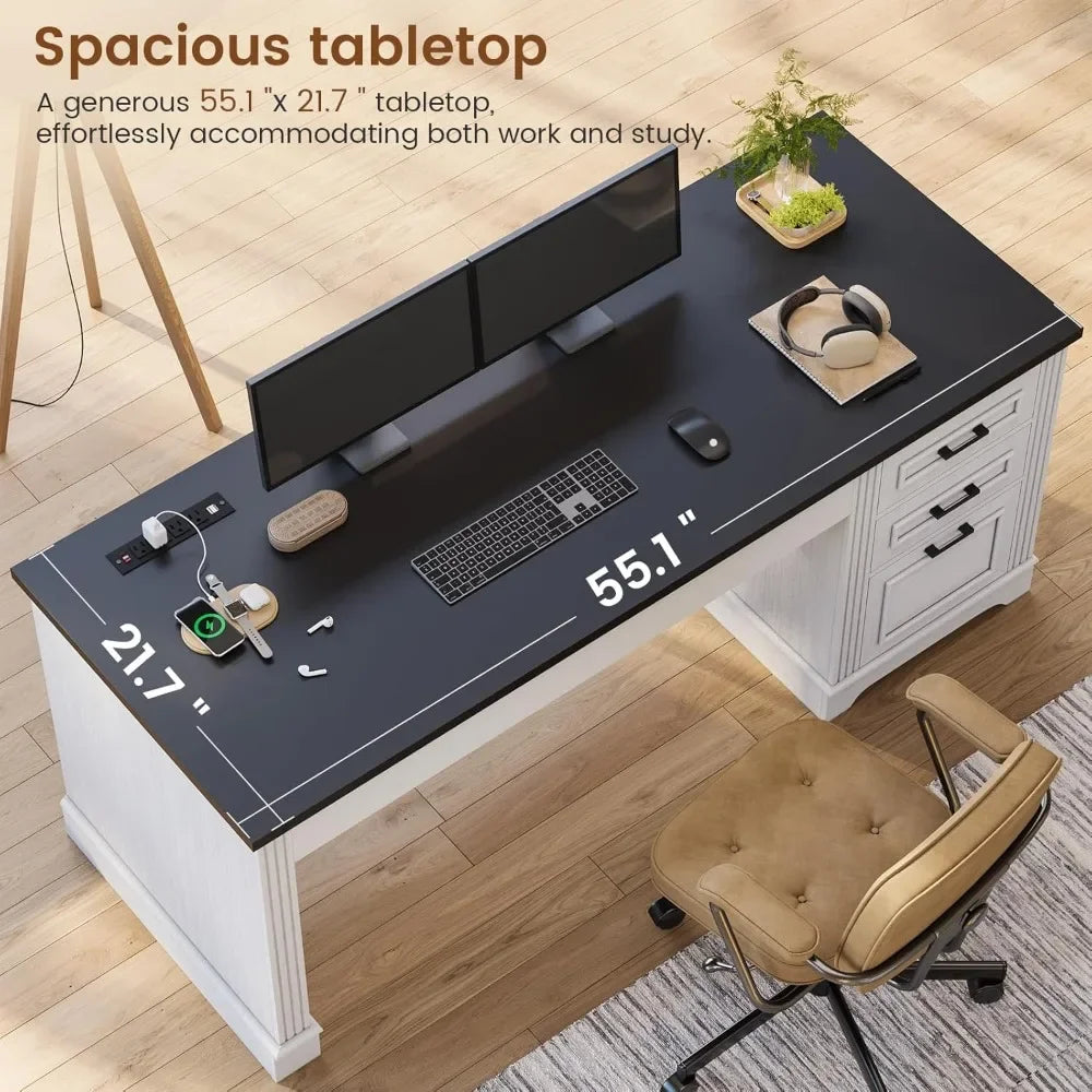 55" Executive Desk, Computer Desk with Storage Drawers and Power Outlet, Home Office Desk, Workstation for Offic Desk