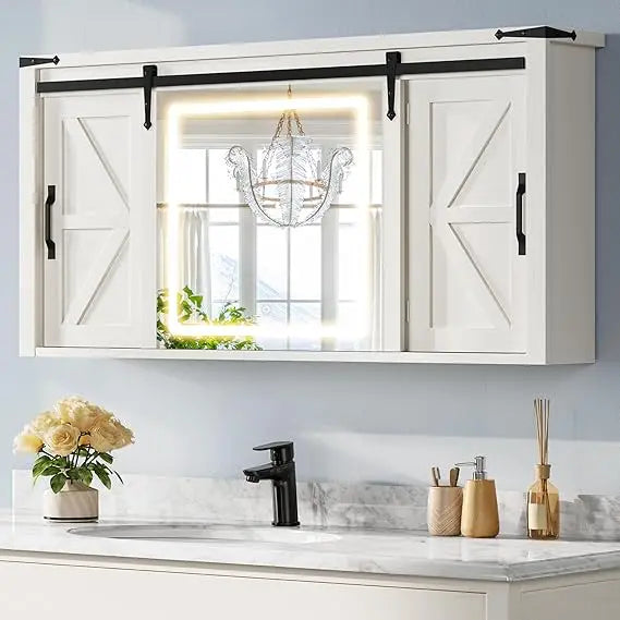 Medicine Cabinet Mirror, Bathroom Wall Cabinet W/lights And Sliding Barn Door, Lighted Medicine Cabinet Storage Cabinets