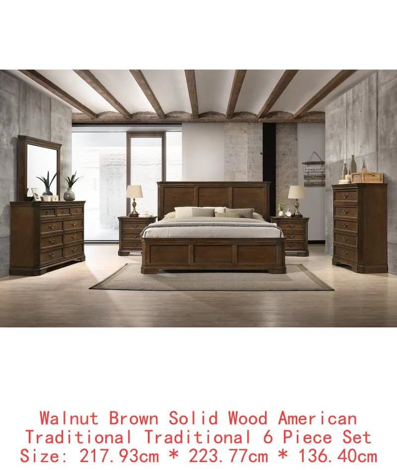 Traditional Wood Panel King Bed Set with Dresser, Mirror, 2 Nightstands & Chest - 6 Pieces