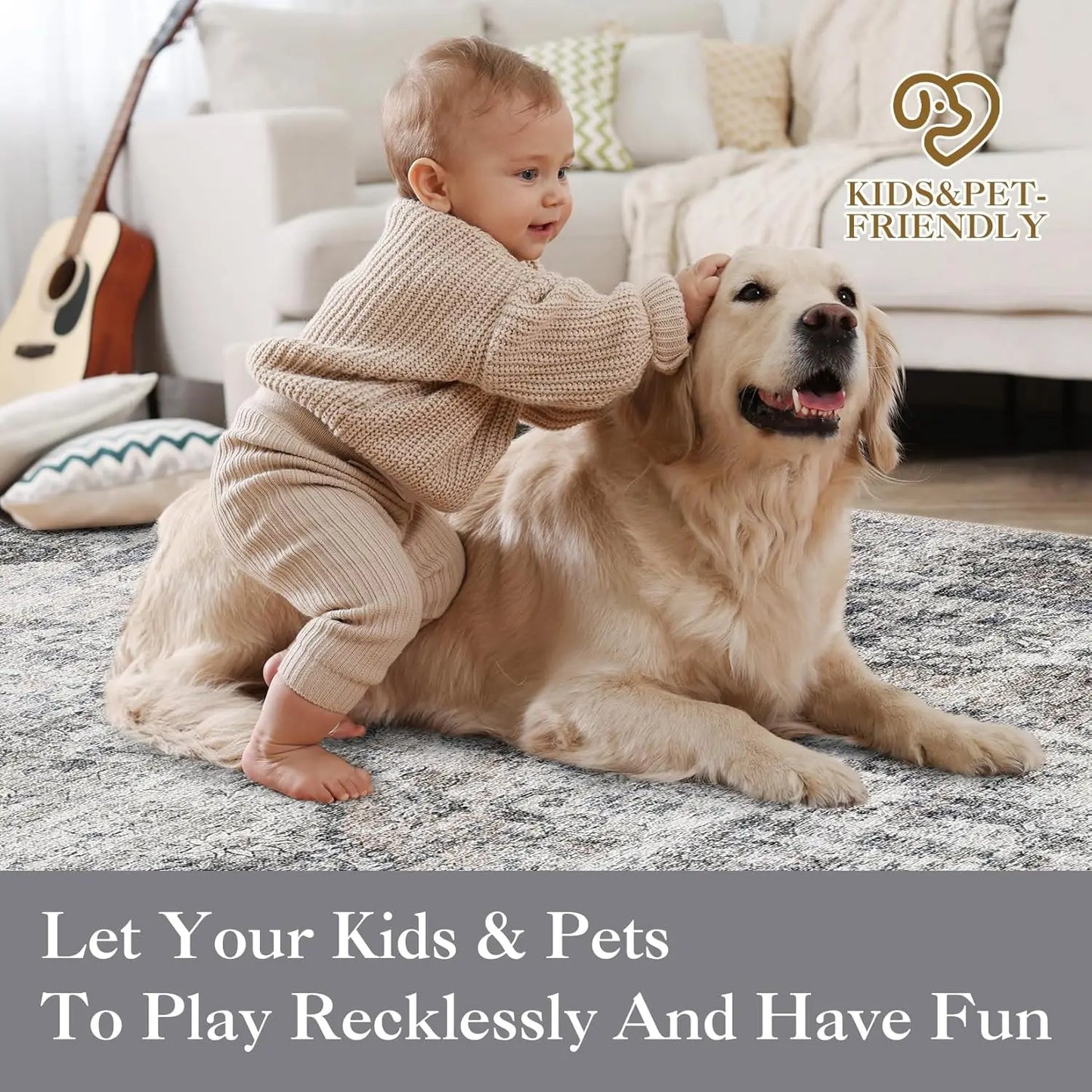 Washable Area Rug Stain-Resistant Throw Rug Indoor Carpet with Non-Slip Backing Foldable Floor Cover for Living Room, Bedroom