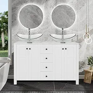 48" White Bathroom Vanity with Marble Texture Top and 4 Drawers, Modern Standing Pedestal Cabinet with Two Boat Silver Glass Ves