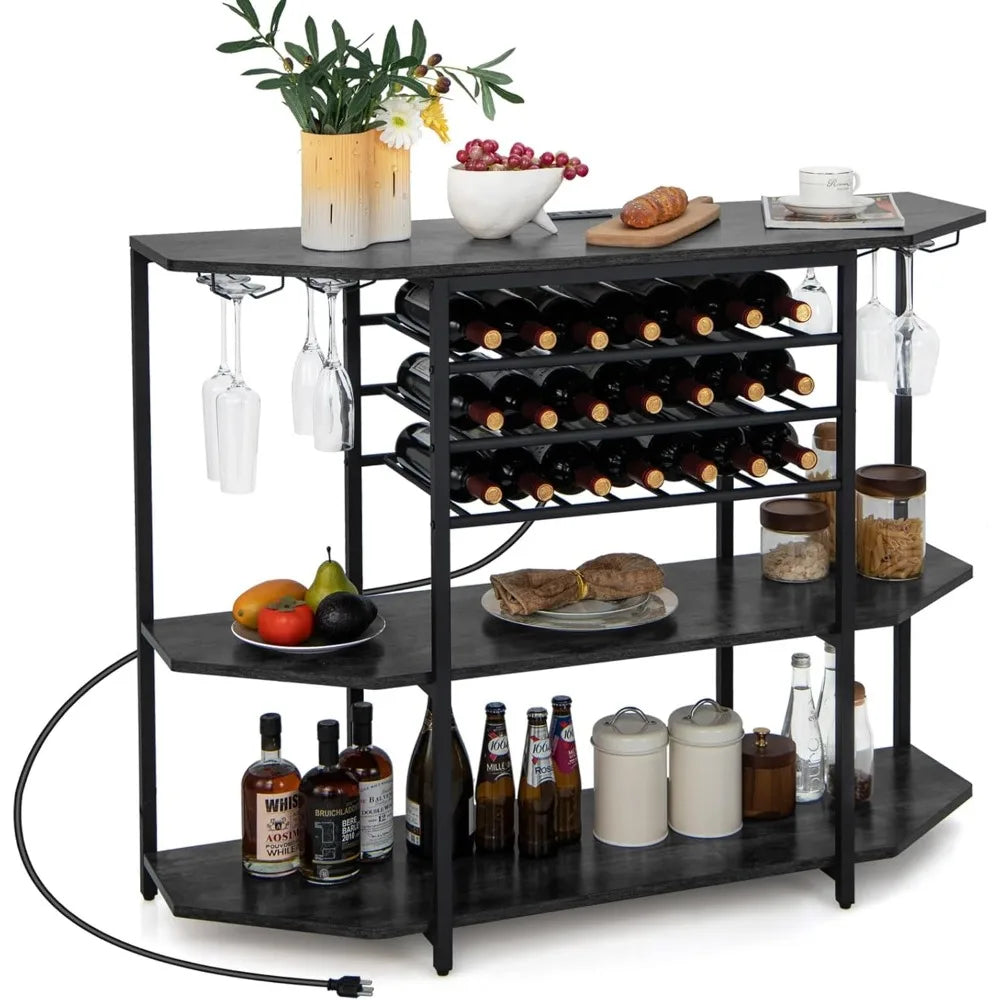 Bar Table Cabinet with Power Outlet & USB Port, 21 Bottle Wine Rack & Glass Holder, 3 Tier Mini Coffee Bar Stand for Liquor, In