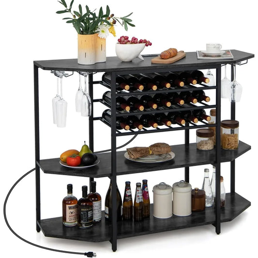 Bar Table Cabinet with Power Outlet & USB Port, 21 Bottle Wine Rack & Glass Holder, 3 Tier Mini Coffee Bar Stand for Liquor, In