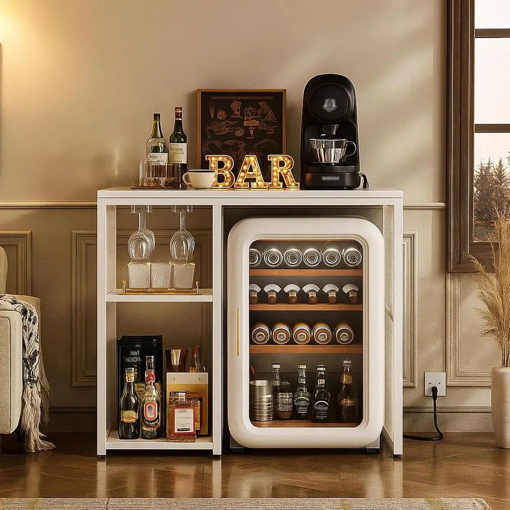 Mini ridge Stand with Power Outlet, Coee Bar Cabinet with Mini ridge Space, Industrial Liquor Cabinet with Wine Rack & Glass Hol