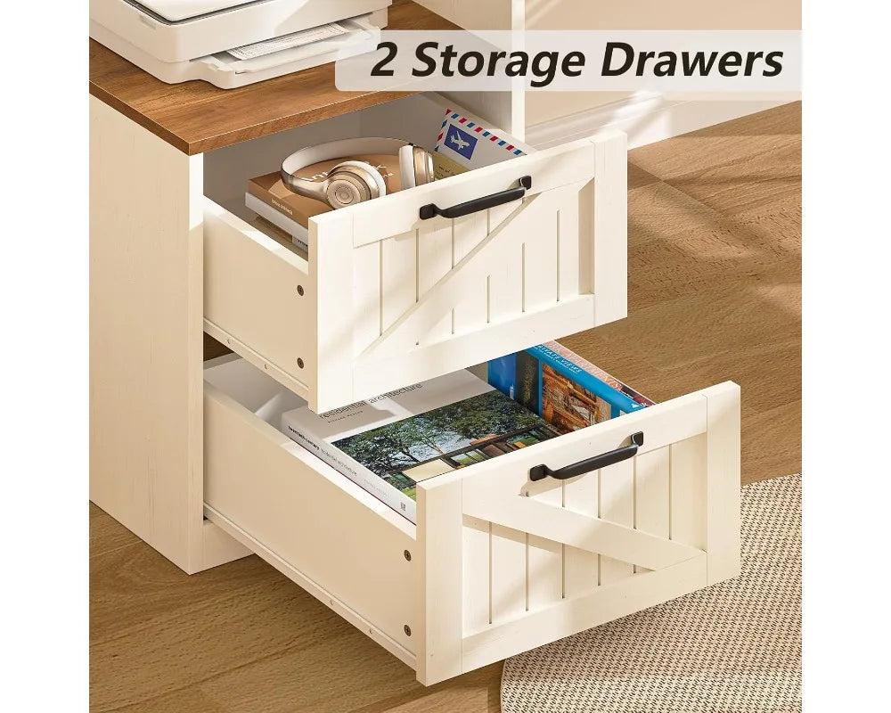 63" L-Shaped Corner Computer Desk with Drawers, Storage Shelf, Power Outlets and Monitor Stand, Antique White