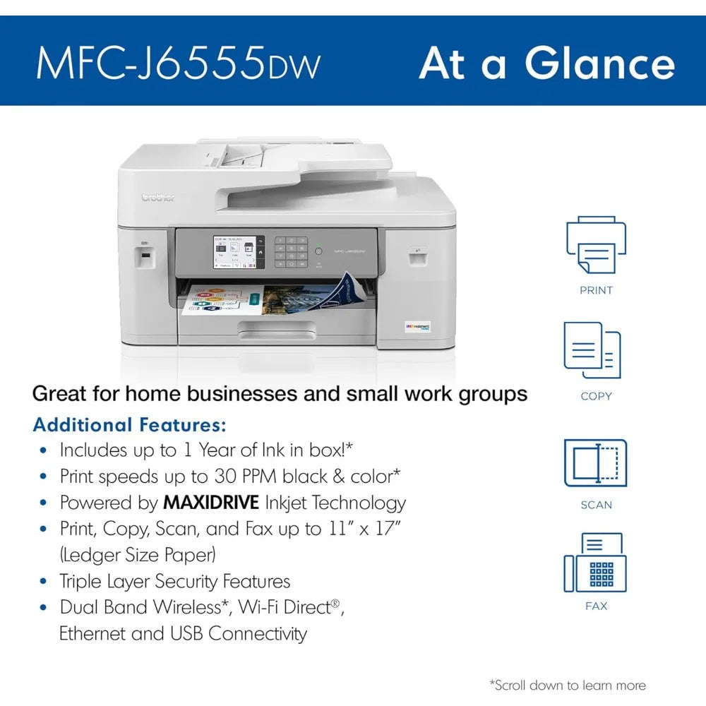 Office Products MFCJ6555DW INKvestment Tank Color Inkjet All-in-One Printer with up to 1 Year of Ink in-box1 and 11” x 17” Print
