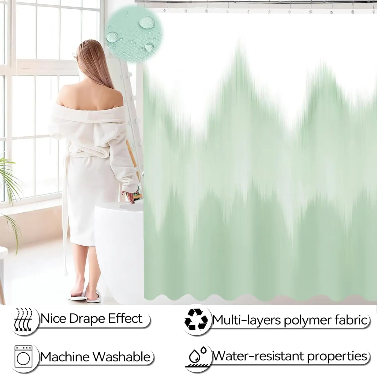 Green Ombre Waterproof Shower Curtain Set with Ultra Absorbent Rug, Complete Bathroom Accessories for Home Decor