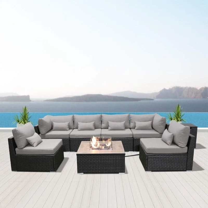 Patio Furniture Sectional Sofa with Gas Fire Pit Table Outdoor Patio Furniture Sets Propane Fire Pit (Light Gray-Square T