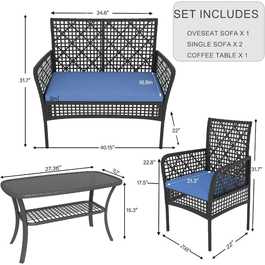 4 Pieces Outdoor Patio Furniture Set PE Rattan Chairs Wicker Furniture with Coffee Glass Table and Soft Cushions Outdoor Seatin