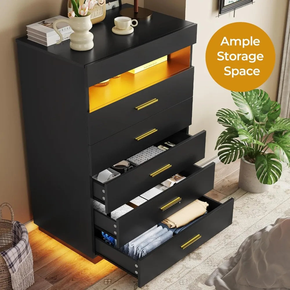 Black Dresser With LED Lights, Floating Tall Dresser With 5 Large Drawers & Open Storage Space & Pull Out Tray, Wood Chest Of Dr
