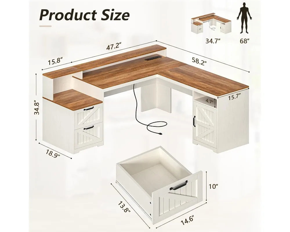 63" L-Shaped Corner Computer Desk with Drawers, Storage Shelf, Power Outlets and Monitor Stand, Antique White