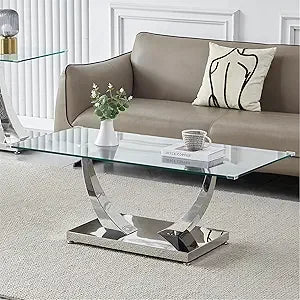 47" Clear Glass Coffee Table, Modern Silver Mirror Coffee Table with U-Shape Stainless Steel Legs, Tea Table, Luxury Rectangle C