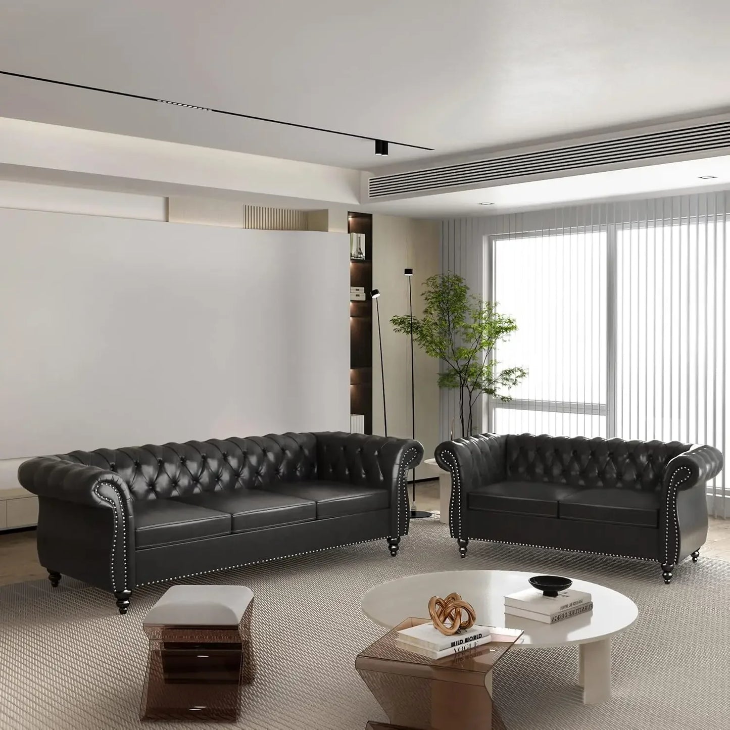 chesterfield style leather sofa and loveseat set with scroll arms and nailhead trim for living room or office