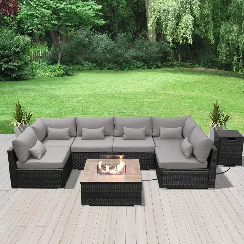 Patio Furniture Sectional Sofa with Gas Fire Pit Table Outdoor Patio Furniture Sets Propane Fire Pit (Light Gray-Square T