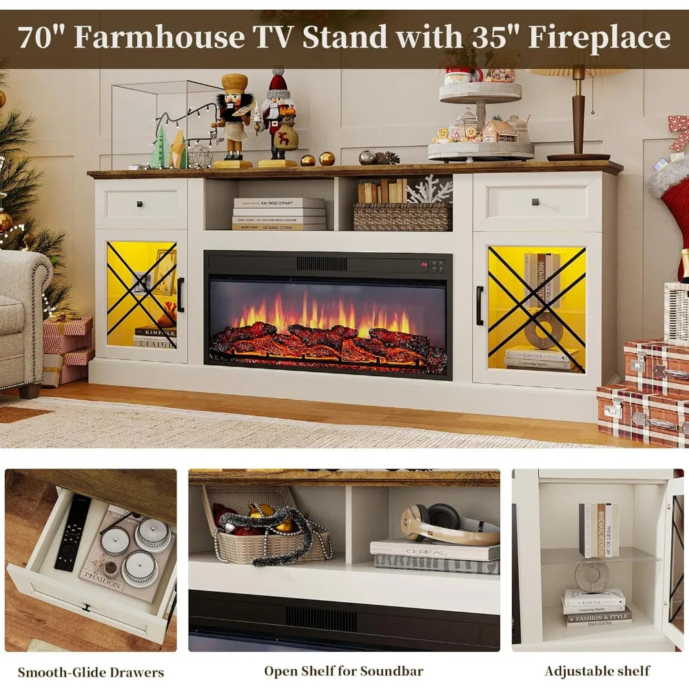 70" Fireplace TV Stand for TVs Up to 80" with 34" Electric Fireplace, Modern Entertainment Center with LED Lights and Glass Door