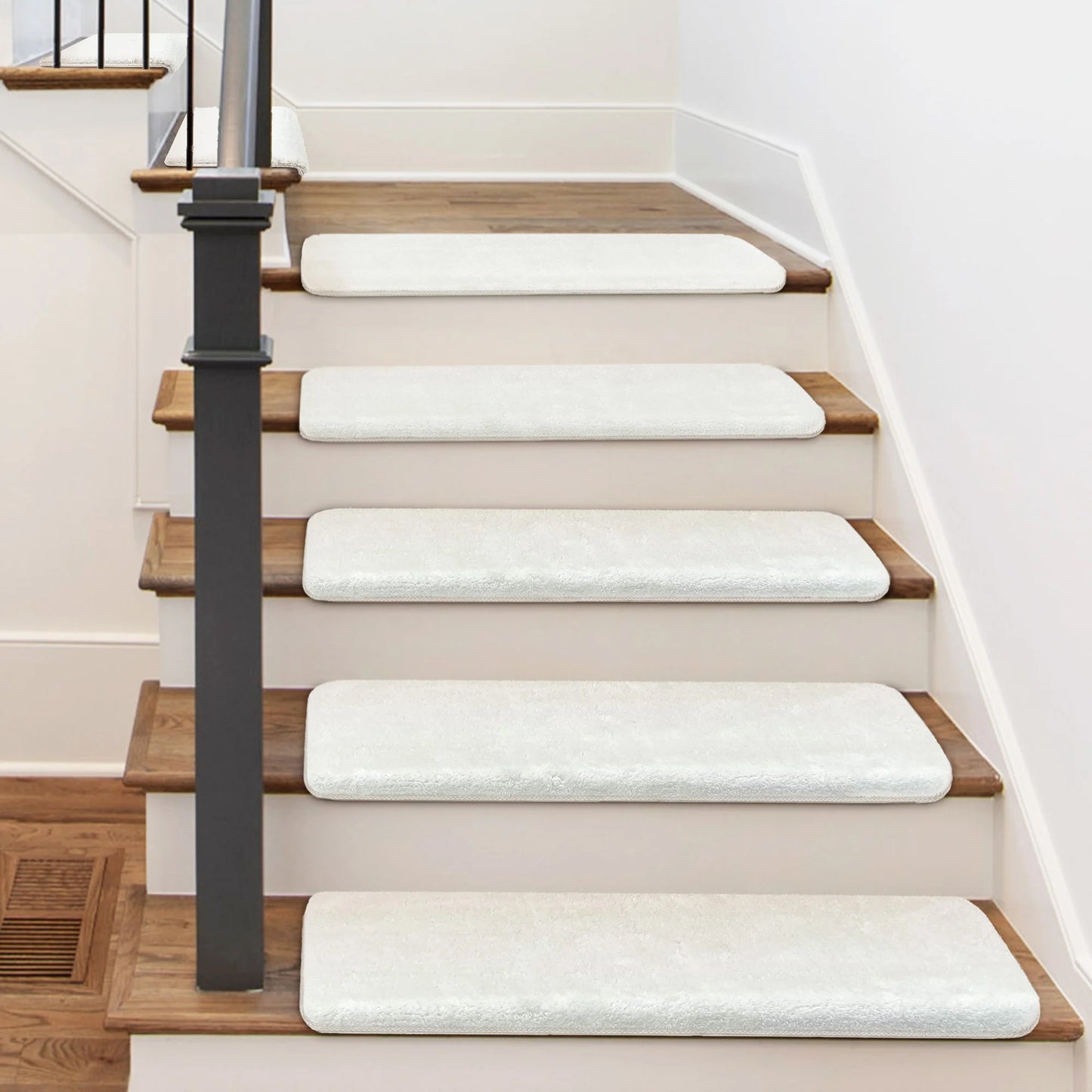Bullnose Non-Slip Stair Treads -Ultra Plush- Washable Self-Adhesive Carpet Mats, Safety for Elderly & Pets, Peel & Stick Decor