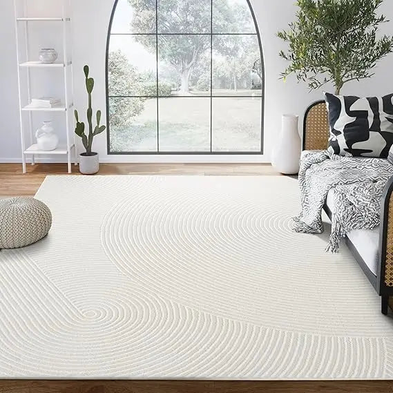 Cream Area Rug 8' x 10' for Living Room, Bedroom - Zen Reiki Circles Pattern - Durable & Easy to Clean