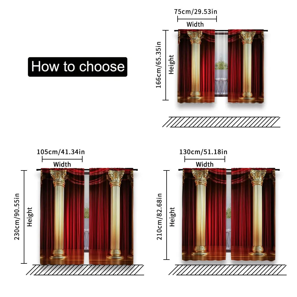2Pcs Red Curtains With Golden Pillars Pattern Curtains For Window Decoration Suitable For All Seasons For Bedrooms Kitchens