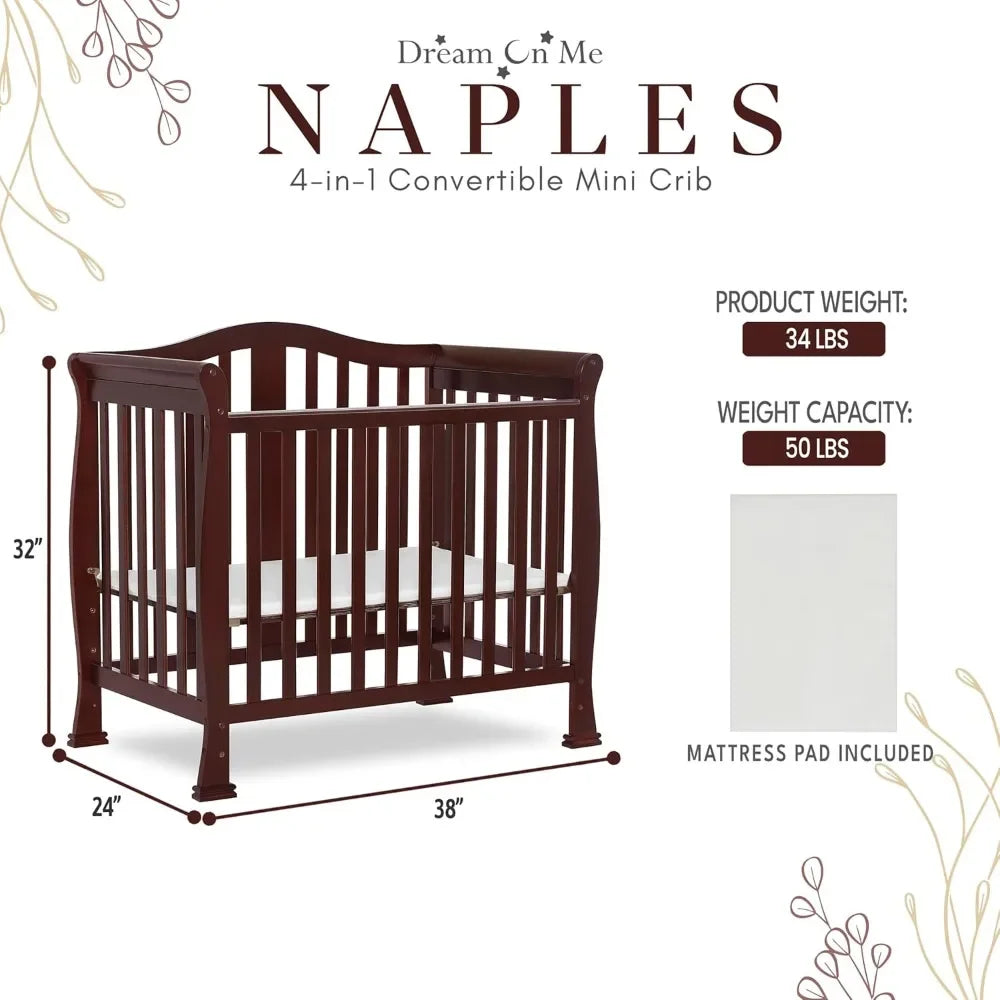 4-in-1 Convertible Mini Crib with Mattress Pad, Pinewood Baby Bed, Non-Toxic Finish, Espresso