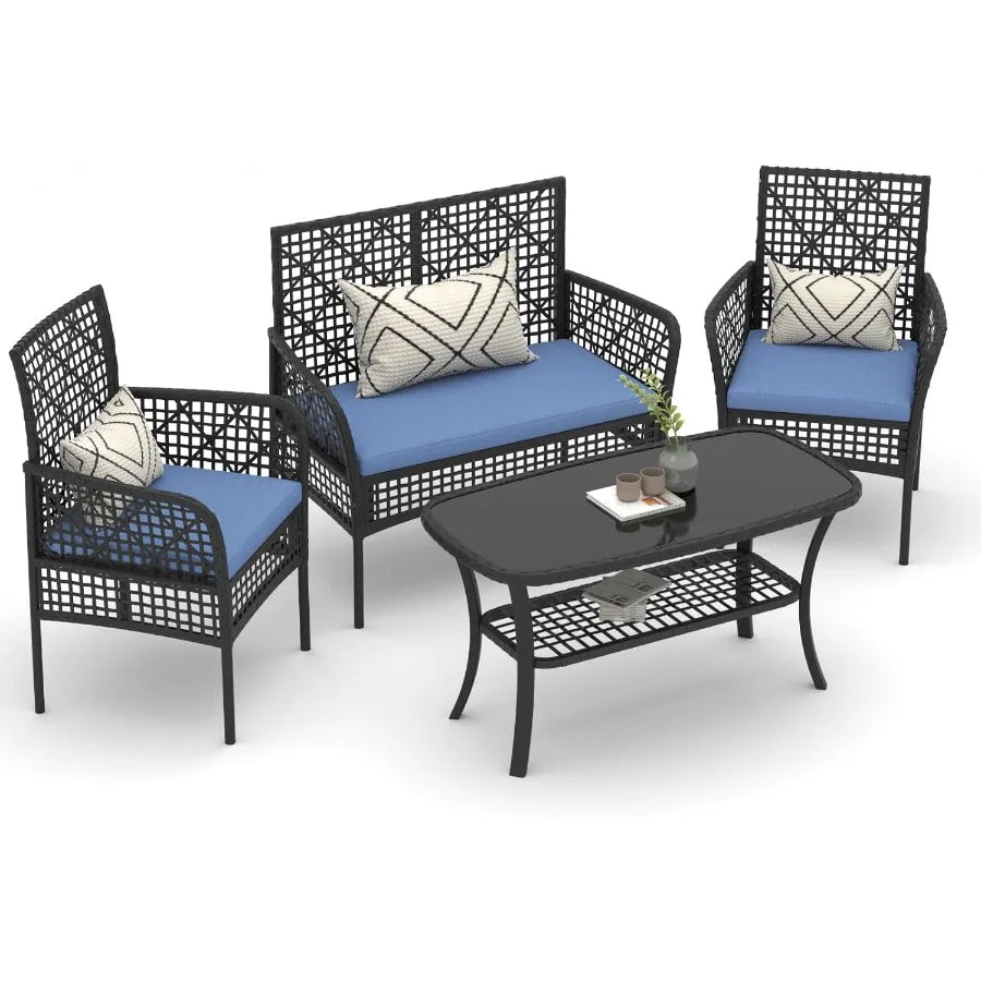 4 Pieces Outdoor Patio Furniture Set PE Rattan Chairs Wicker Furniture with Coffee Glass Table and Soft Cushions Outdoor Seatin