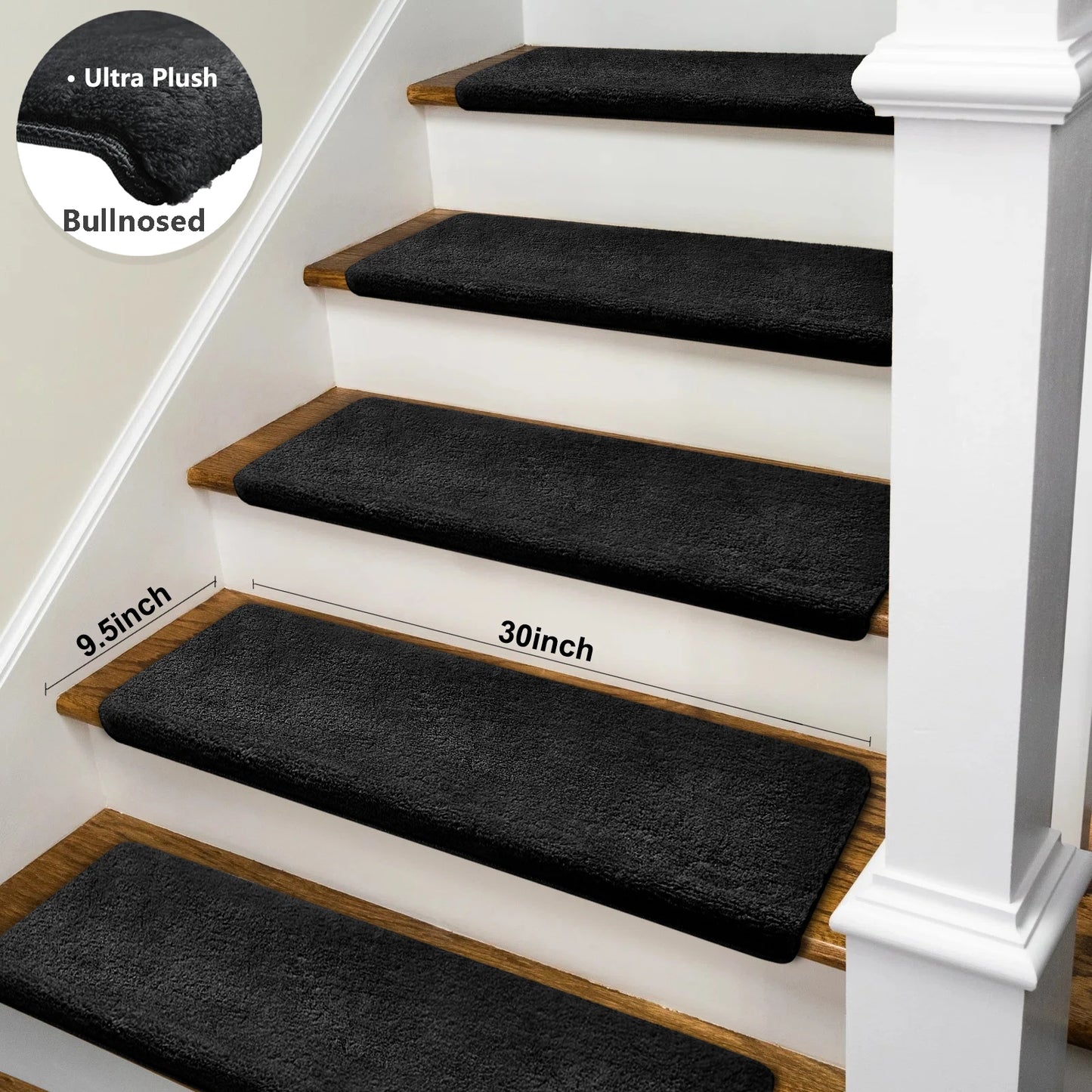 Bullnose Non-Slip Stair Treads -Ultra Plush- Washable Self-Adhesive Carpet Mats, Safety for Elderly & Pets, Peel & Stick Decor