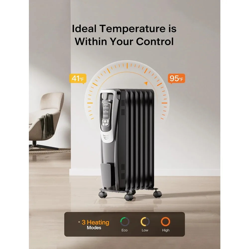 Quiet Oil Filled Radiator Heater with Remote, Thermostat & LED Display, Overheat Protection for Large Rooms