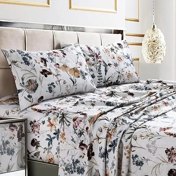 Tribeca Living Queen Bed Sheet Set, 300 Thread Count Soft Cotton Sateen, Floral Print with Extra Deep Pockets, 4-Piece Bedding S