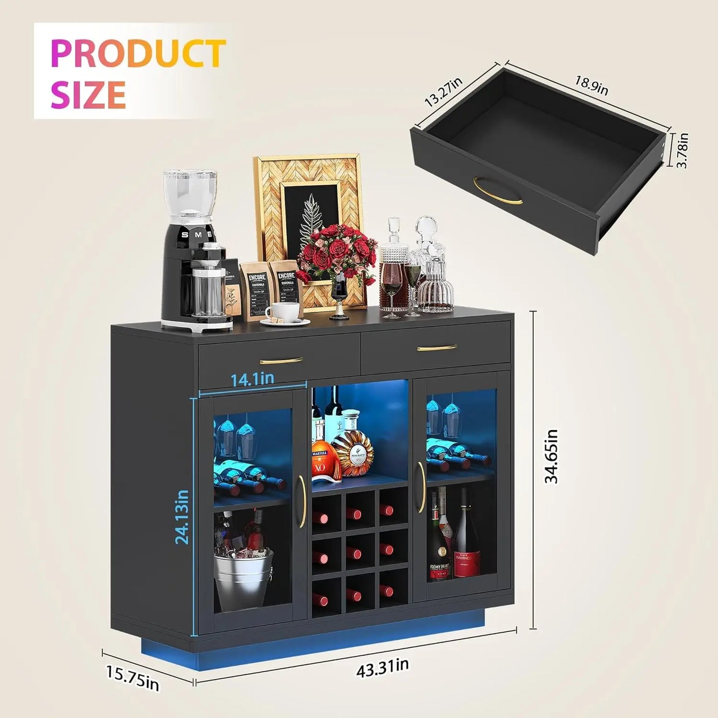 LED Wine Bar Cabinet with Glass Rack, Black Kitchen Buffet Sideboard for Living Room Storage