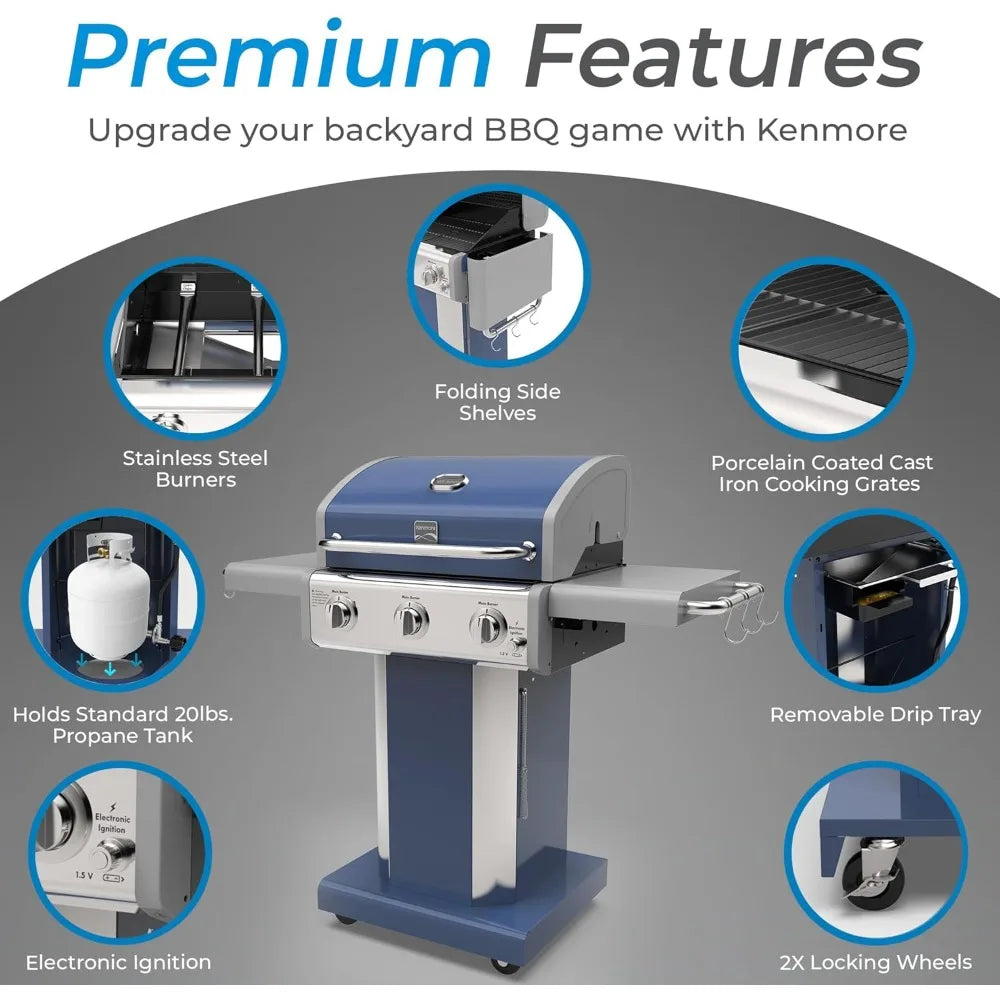 Three Burner Propane BBQ Grill With Cast Iron Grates